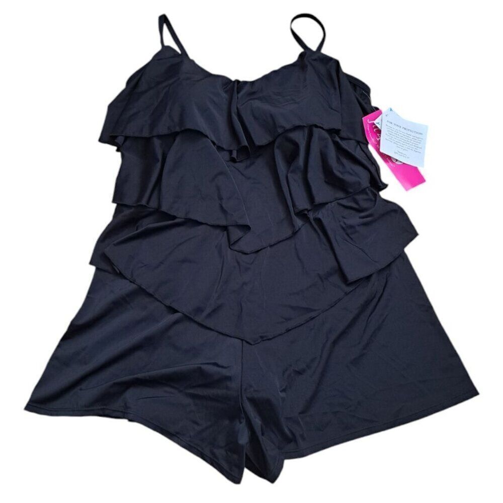 Fit 4 U One Piece Swimdress Size 24W Black Tiered Romper Swimsuit Beach Travel
